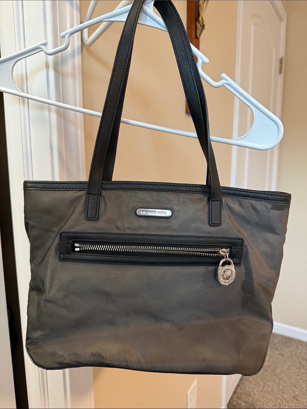 Michael Kors Black Nylon Tote with Front Zip and Logo Charm